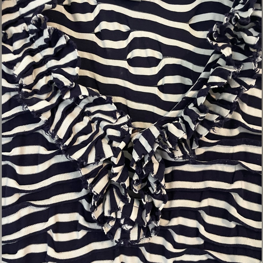 Navy and White Striped Dress With Ruffle Neckline - Picture 3 of 5